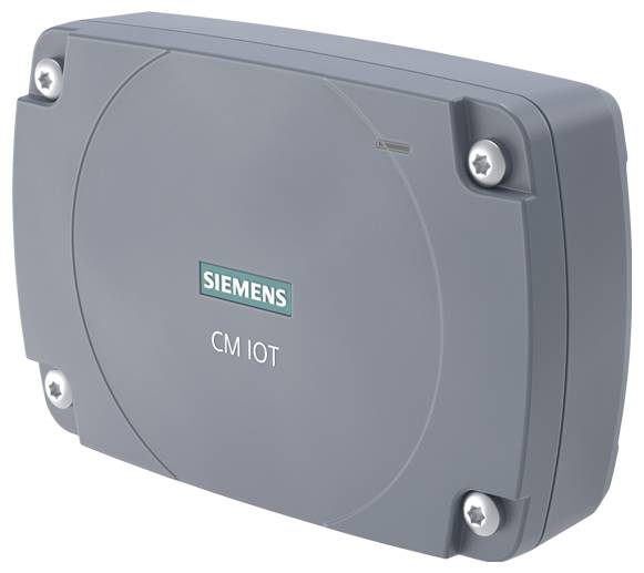 Ein rechteckiges Siemens CM IoT-Gerät mit grauem Gehäuse und einem Logo in der Mitte, gesichert mit vier sichtbaren Schrauben an jeder Ecke.