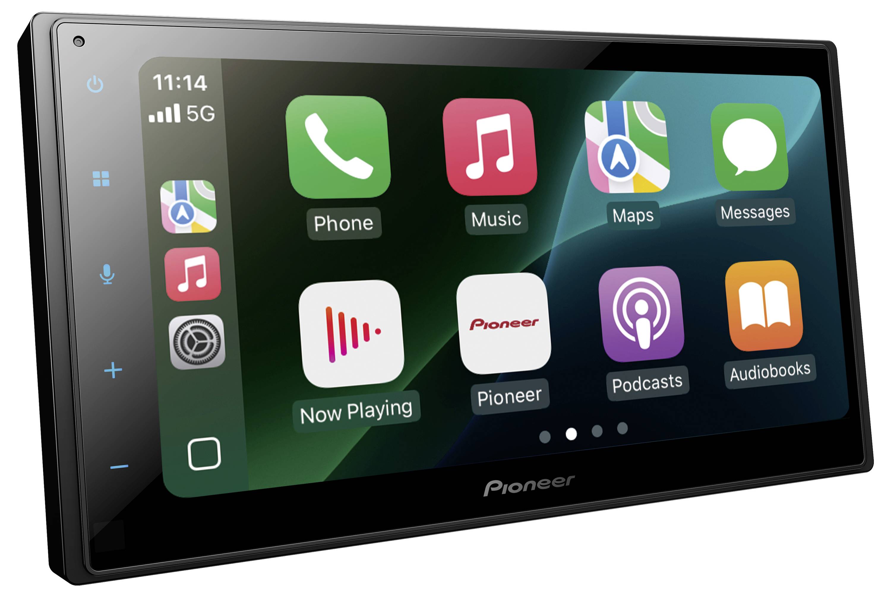 Ein Autoradio-Display mit App-Symbolen einschließlich Telefon, Musik, Karten, Nachrichten, Jetzt Läuft, Podcasts und Hörbücher.
