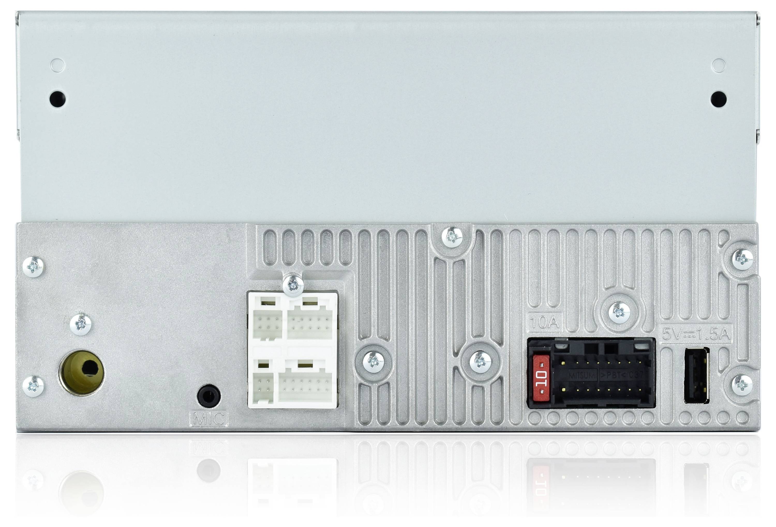 Rückansicht eines Autoradios mit Anschlüssen für Stromversorgung und Lautsprecher, einem Sicherungsplatz mit der Bezeichnung „10A