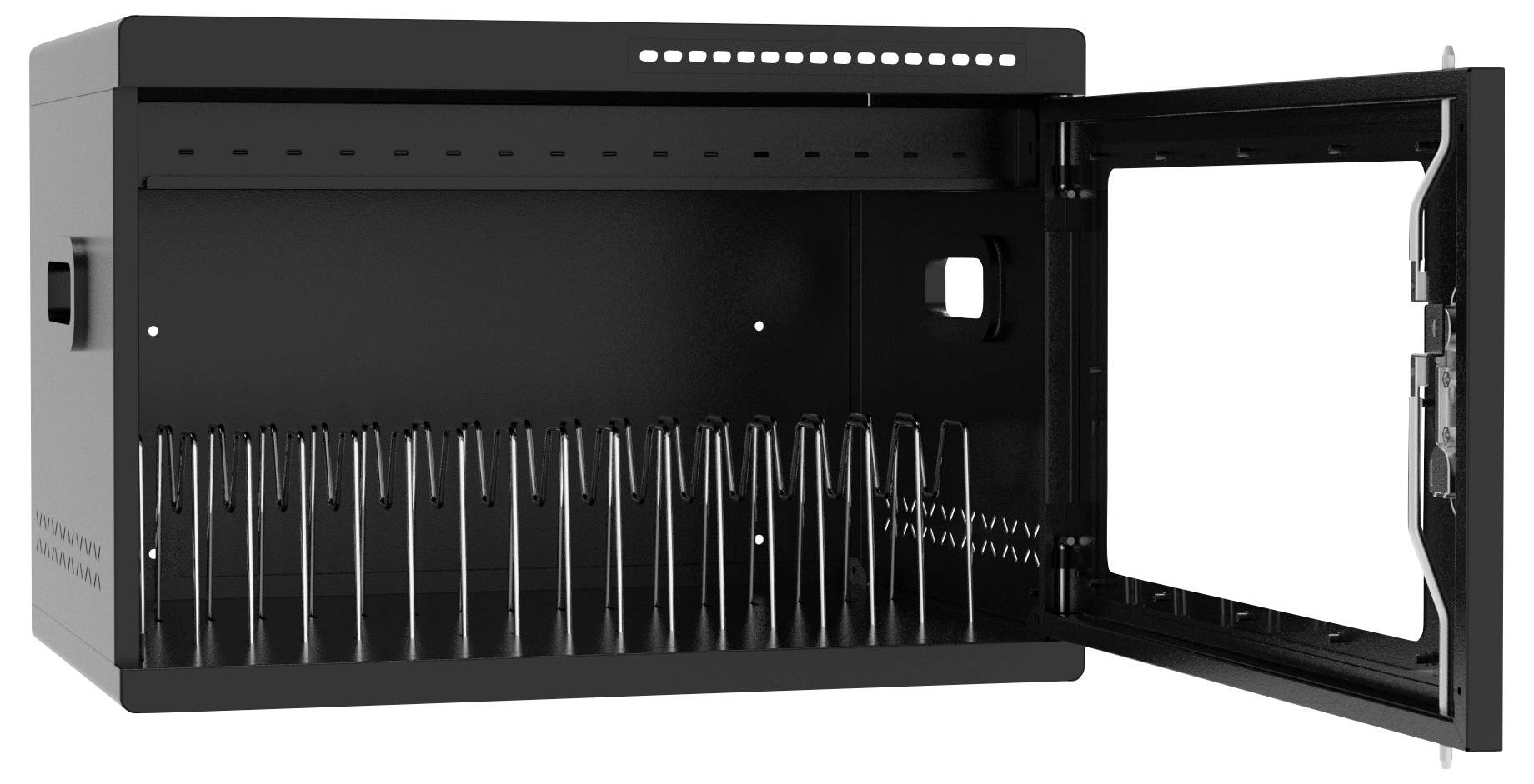 Offener schwarzer Metallschrank oder Rack mit aufklappbarer Glastür vorne, mit Reihen von vertikalen Steckplätzen oder Steckverbindern im Inneren.