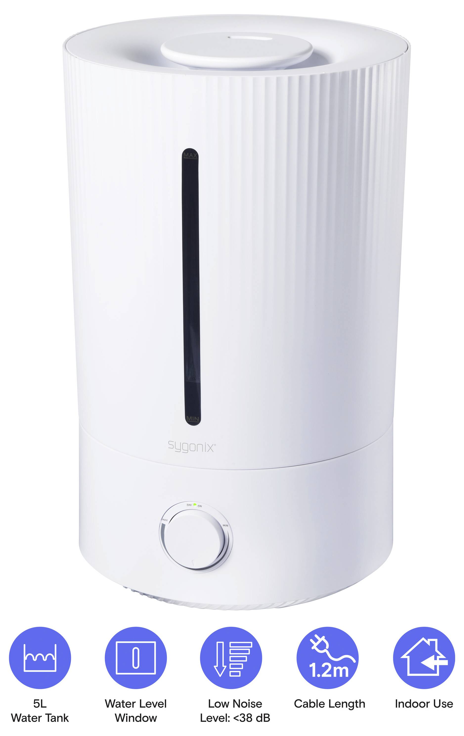 Weißer 5-l-Wassertank mit vertikalem Füllstandsfenster und vorderer Anzeige, dargestellt mit Symbolen für Wasserpegel, niedriger Lärmpegel, 1,2-m-Kabel und Innengebrauch.