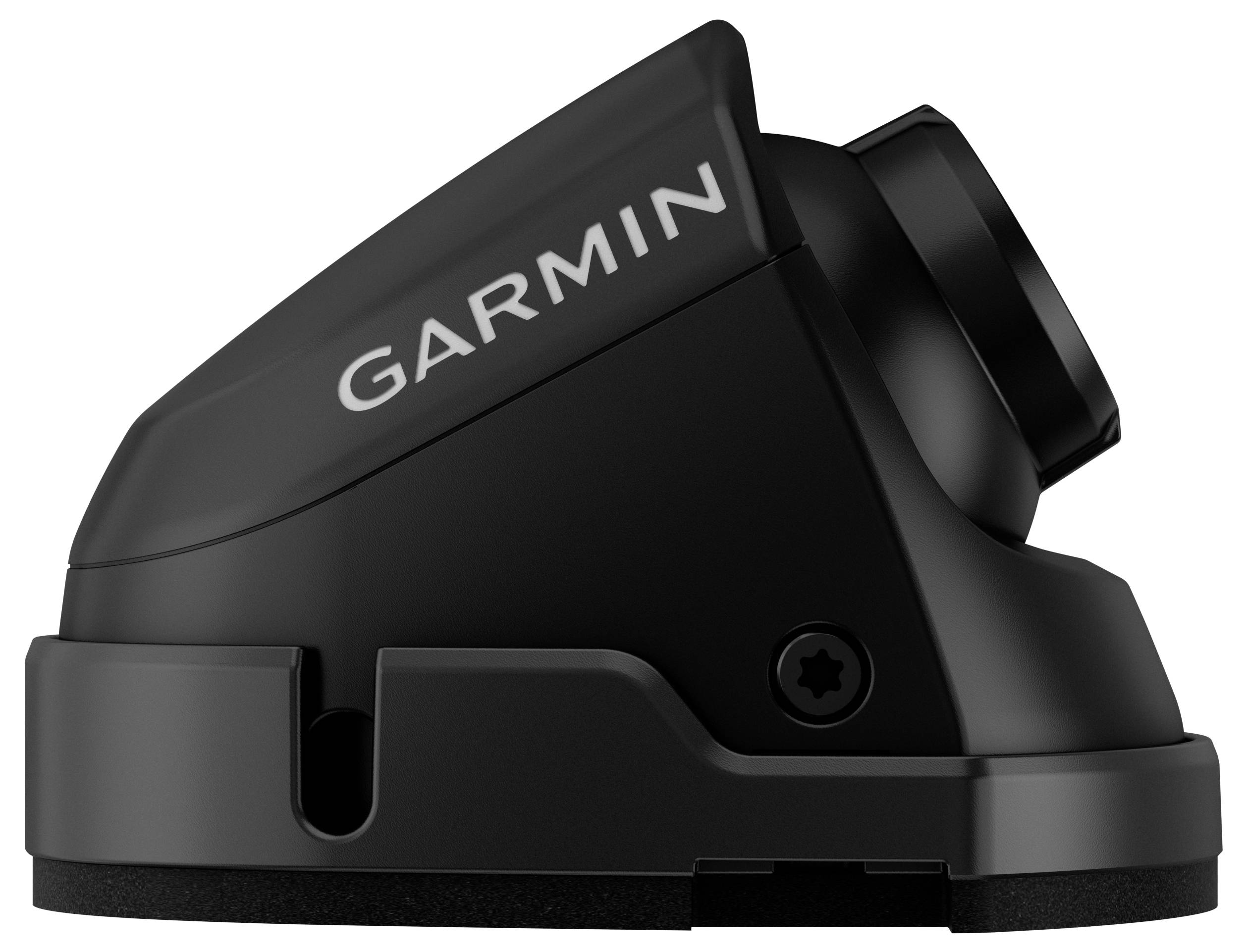 Schwarze Garmin-Marinekamera mit leichter Aufwärtsneigung, konstruiert für Meeresumgebungen, um Videoüberwachung und Sicherheitsbeobachtung zu ermöglichen.