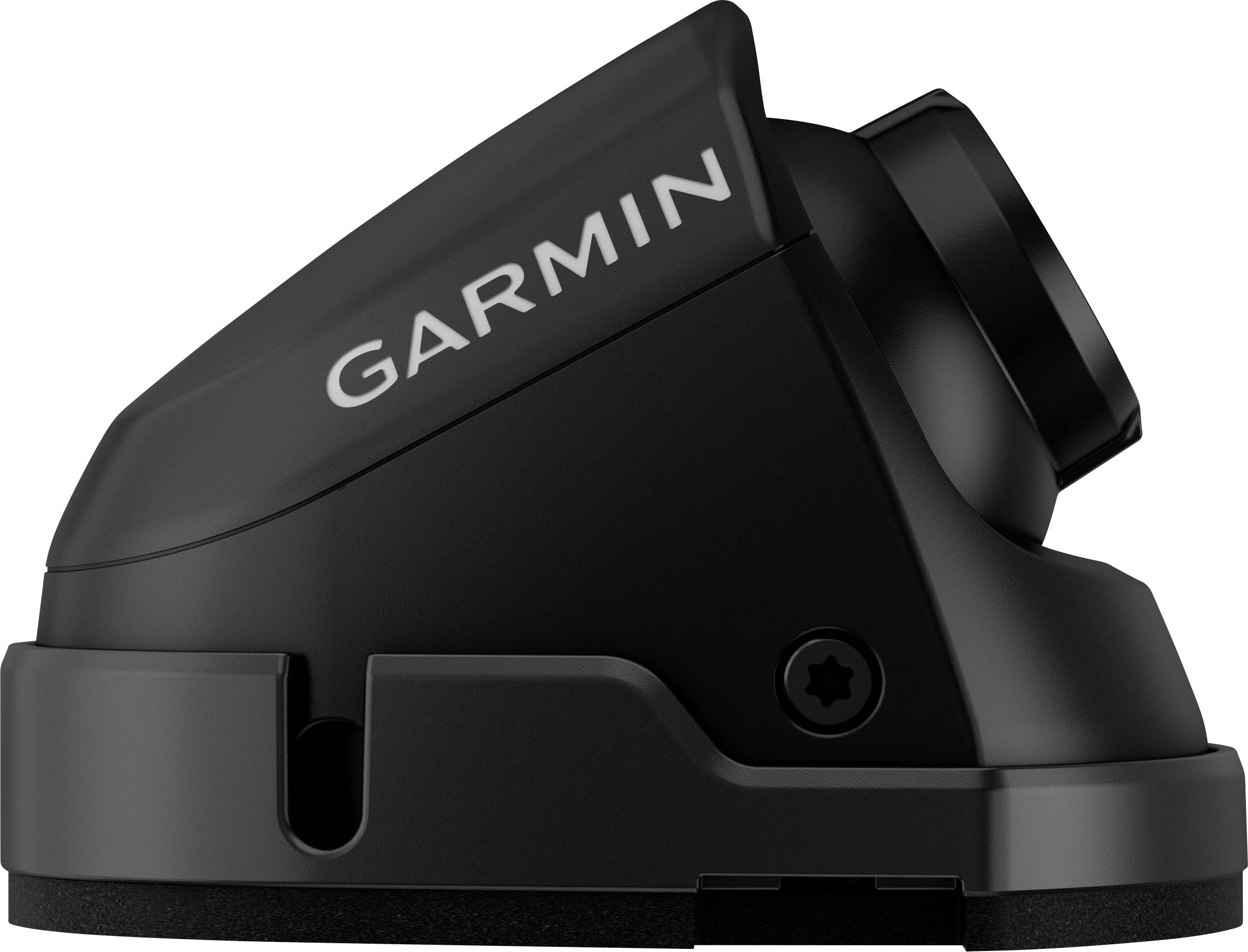 Ein schwarzer Garmin-Radarsensor, Seitenansicht, zeigt sein kompaktes Design mit abgewinkeltem Oberteil und Montagebasis, verwendet für die Marinenavigation.