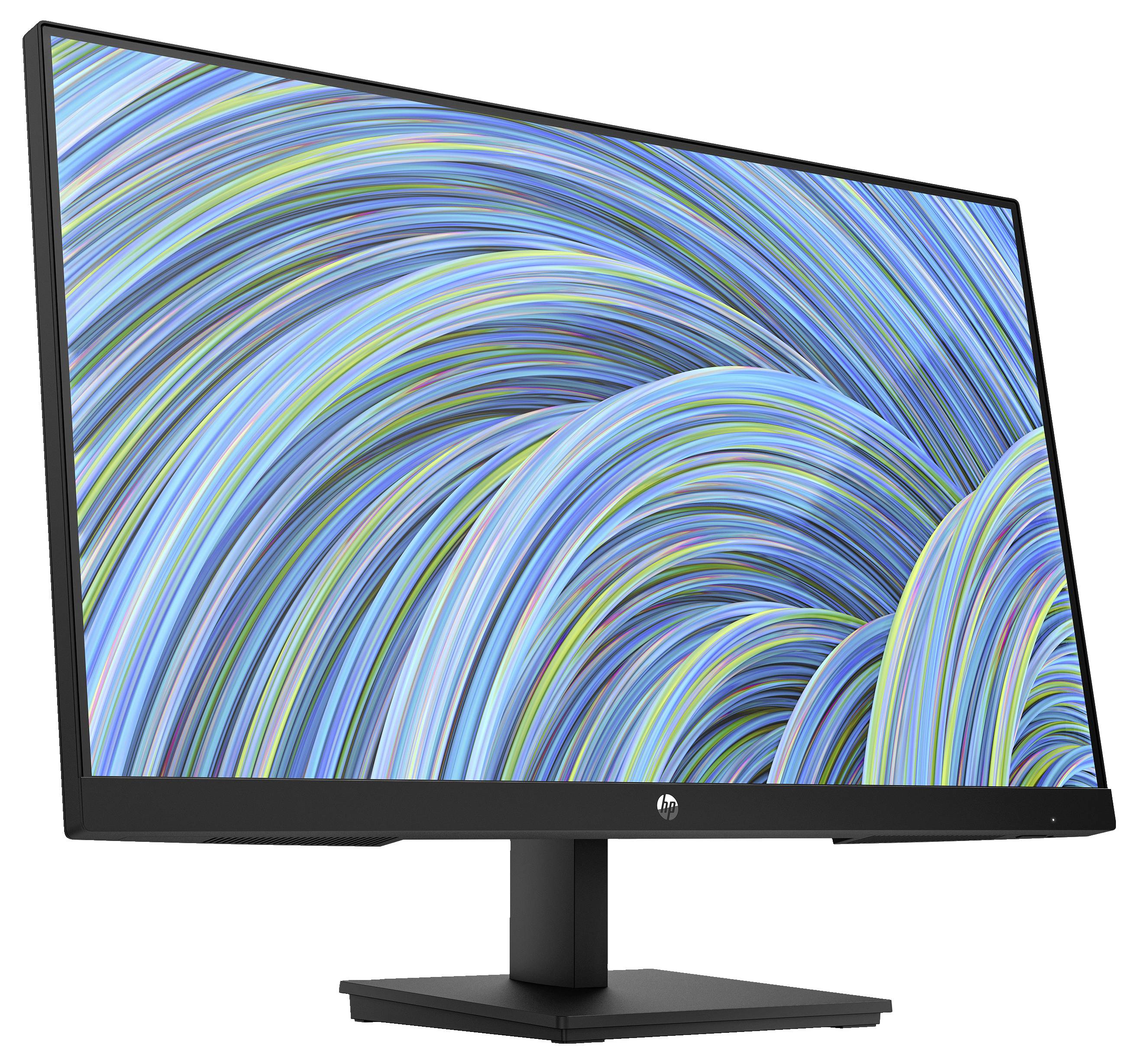A black computer monitor displaying a vibrant swirl of blue, green, and yellow lines, creating a dynamic and colorful pattern.
