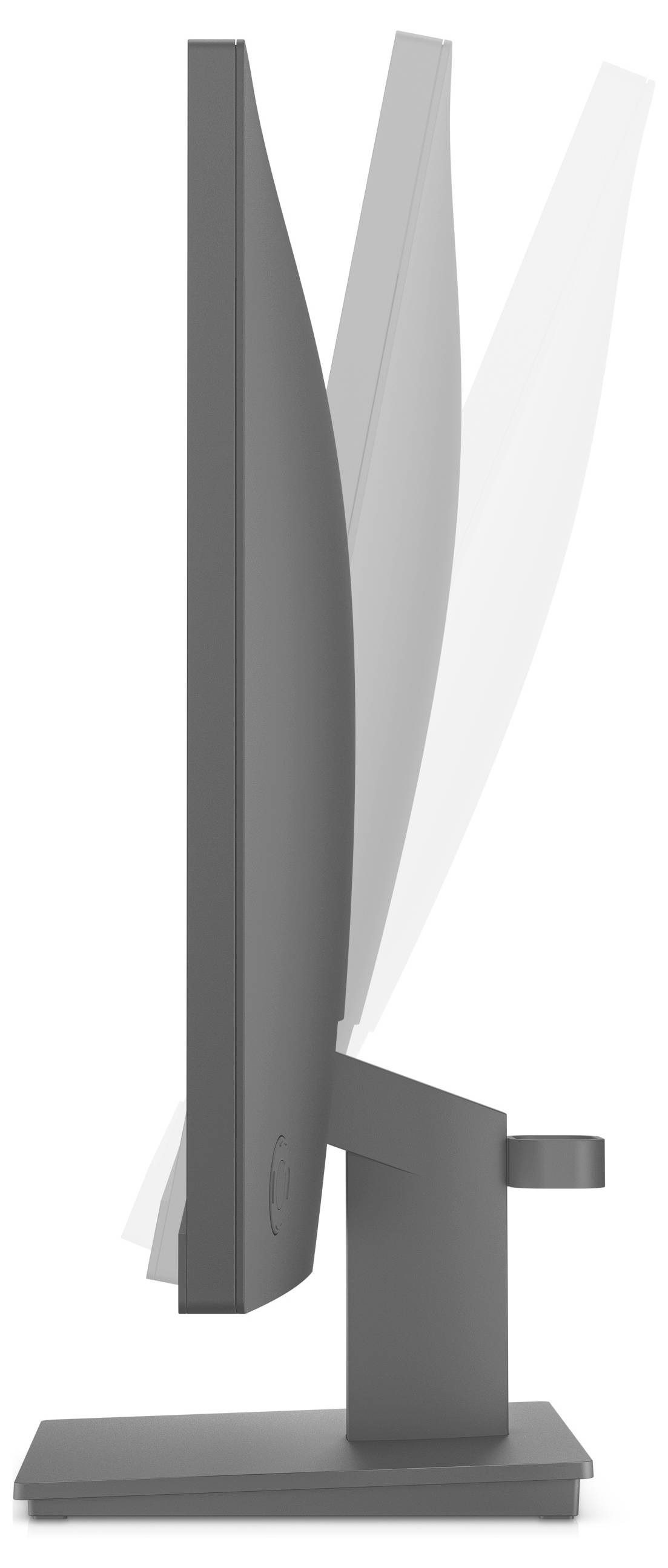 A side view of a gray computer monitor showing the tilt adjustment range, illustrating flexibility and ergonomic design features.