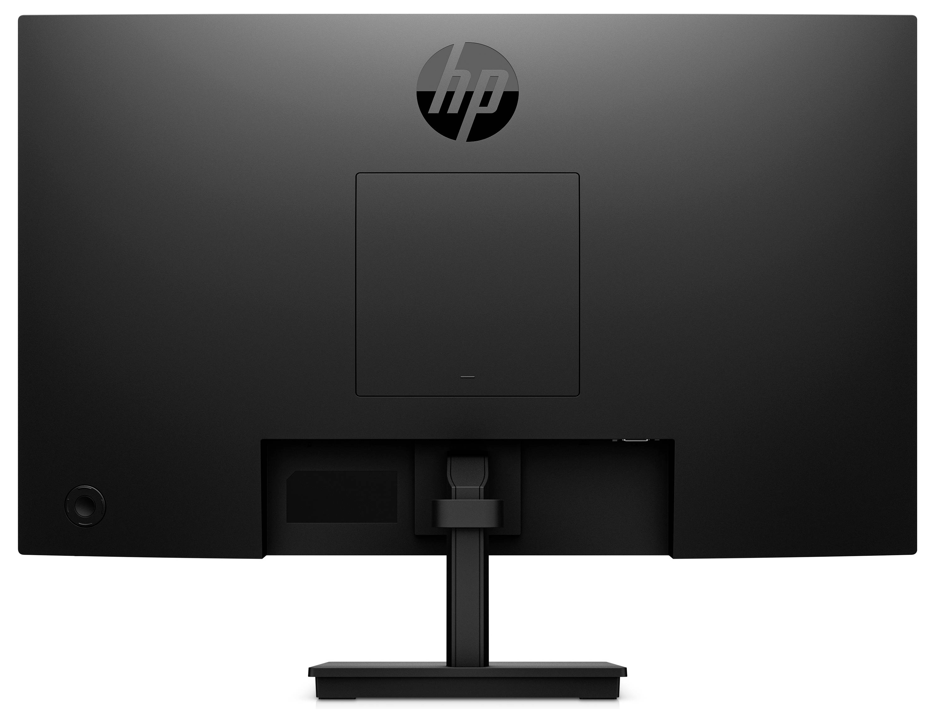 The image shows the back view of a black HP computer monitor with its stand and visible cable management system.