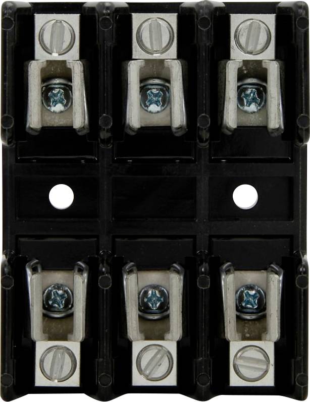 Black and silver electrical terminal block with six connections, featuring screw fastenings and metal clips for securing wires.