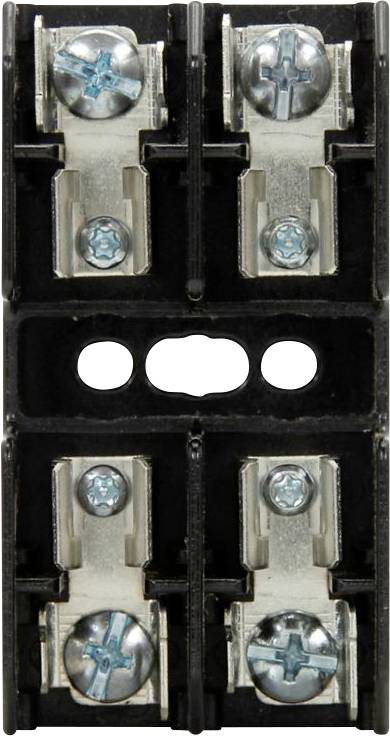 Eine Nahaufnahme eines vierpoligen Elektroklemmenblocks mit metallischen Anschlüssen und Schrauben, das zum Verbinden von Drähten in elektrischen Schaltkreisen verwendet wird.