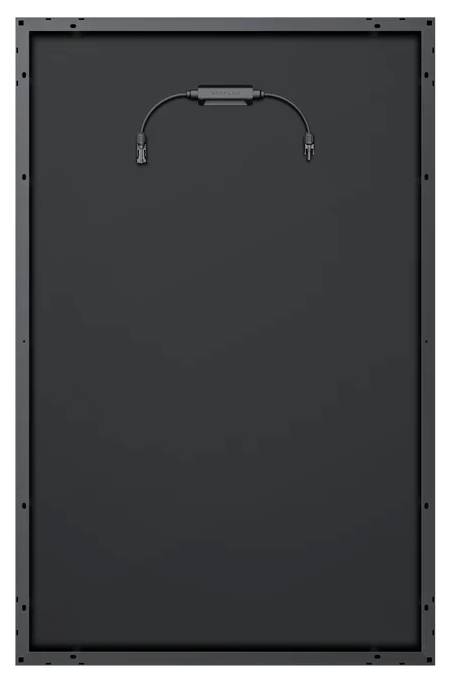 Das Bild zeigt die Rückseite eines Solarmoduls mit angebrachten Steckerkabeln oben.