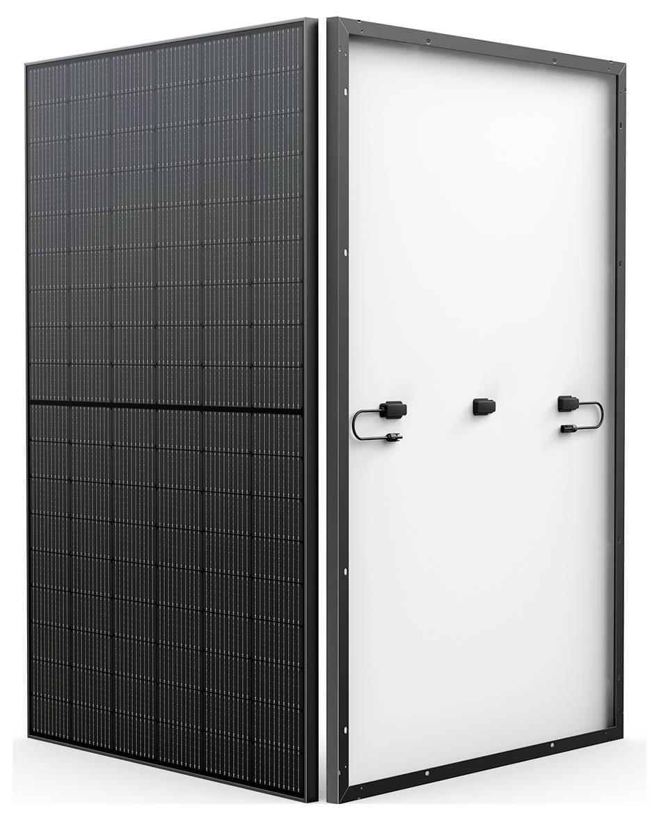 Ein Solarmodul von vorne und hinten betrachtet, wobei die eine Seite Photovoltaikzellen zeigt und die Rückseite weiß ist und Anschlüsse aufweist.