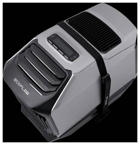 Tragbarer EcoFlow-Kühlbox mit digitaler Bedienungstafel, Schwarz-Grau-Design, mit nach oben ausgerichtetem Lüftungsgitter und Befestigungsriemen.