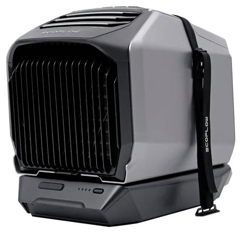 Ein kompakter, tragbarer Klimager mit schwarzem und grauem Gehäuse, Tragegriff und Lüftungsgittern, mit der Aufschrift 