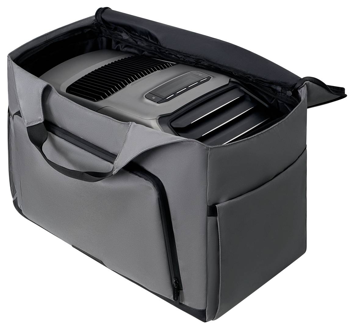 Eine graue Transporttasche mit einem gut sichtbaren Griff und Reißverschlusseiten beherbergt eine tragbare Klimaanlage und ist für einfachen Transport und Lagerung konzipiert.