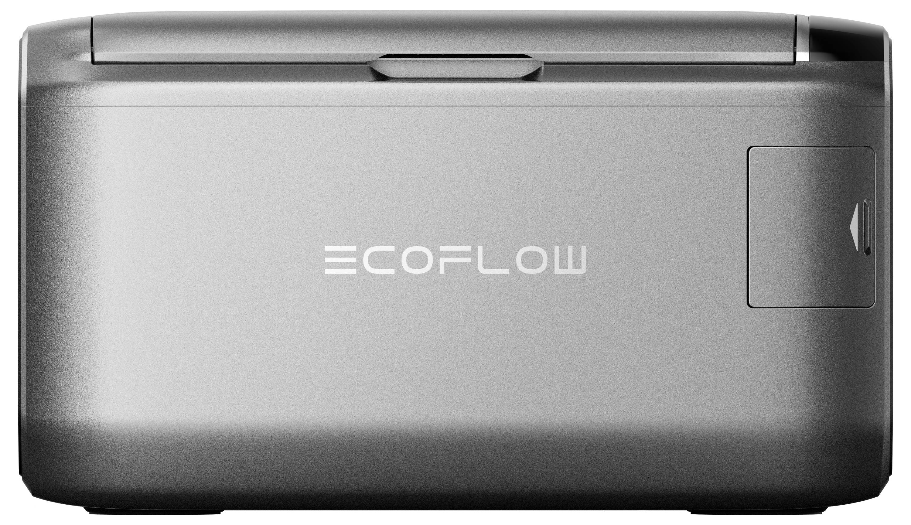 Tragbare ECOFLOW-Stromstation in eleganter, rechteckiger Ausführung, die ein modernes und kompaktes Design präsentiert, das sich leicht transportieren lässt.