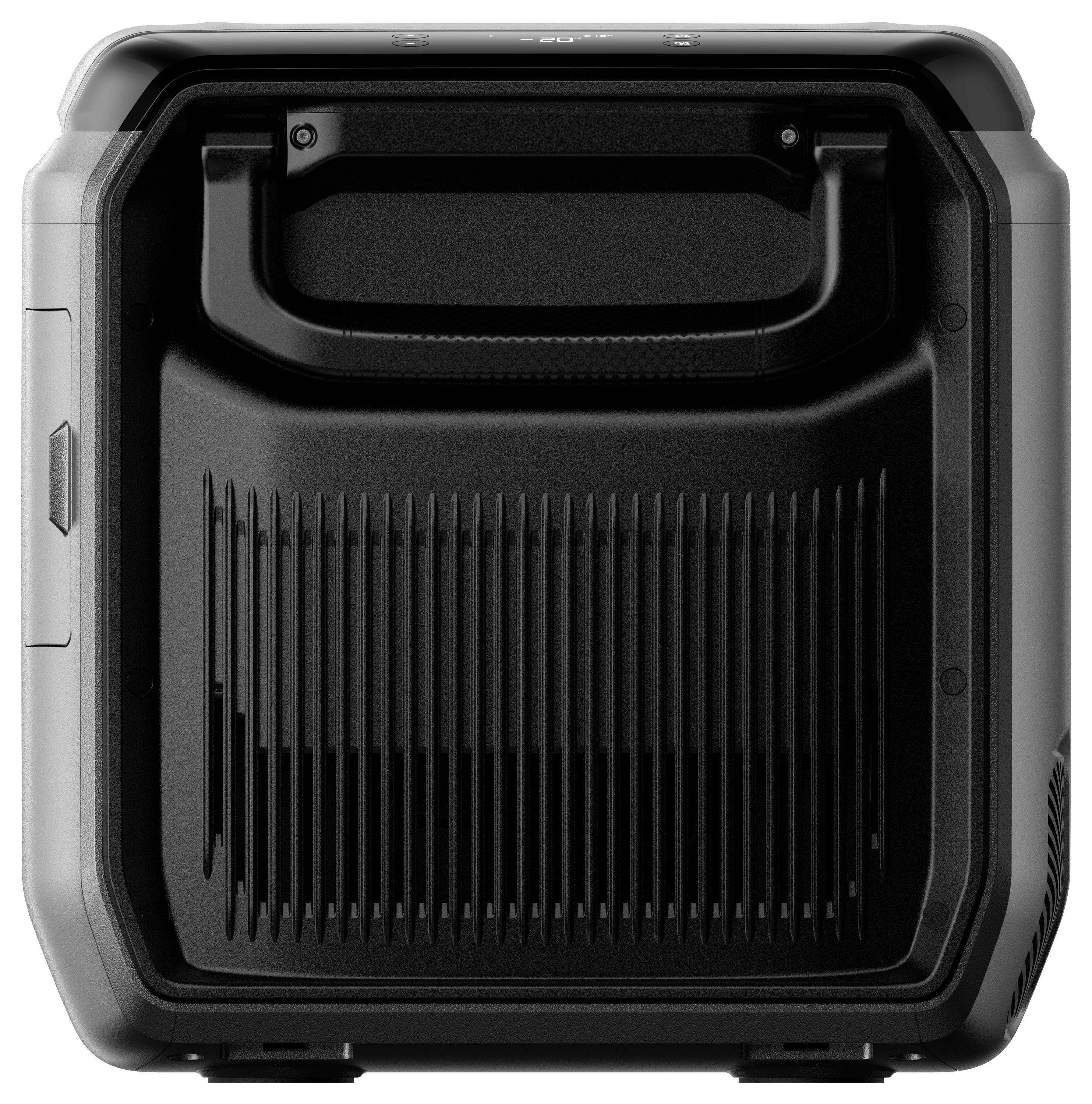 Eine kompakte, tragbare Stromstation mit robustem Griff und gerippter Oberfläche, entwickelt für einfachen Transport und Outdoor-Einsatz.