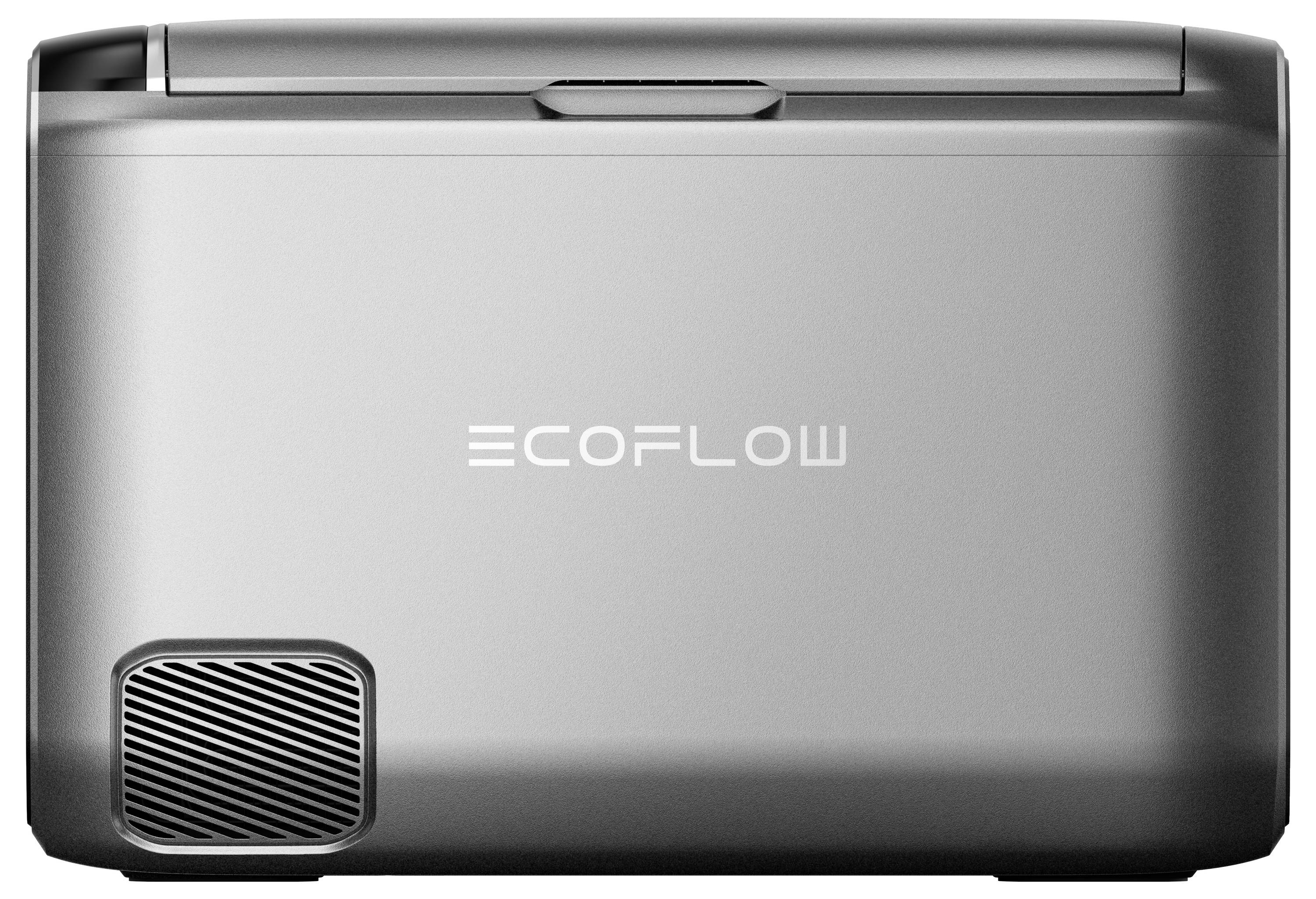 Graues EcoFlow-Produkt mit elegantem Design, das eine Lüftungsöffnung auf der unteren linken Seite aufweist. Das EcoFlow-Logo ist prominent in der Mitte angebracht.
