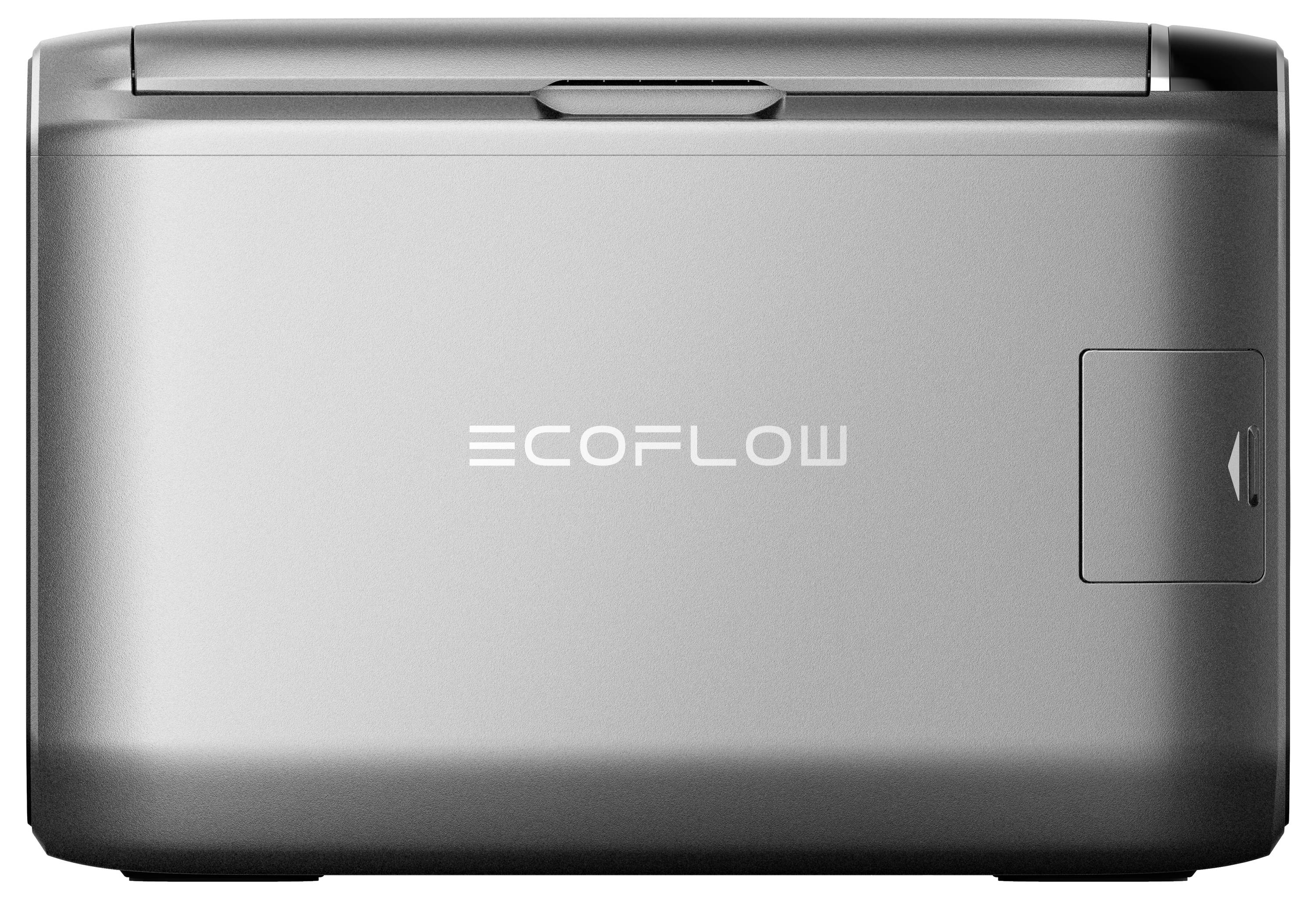 Ein silbernes ECOFLOW-Produkt, möglicherweise ein tragbares Gerät oder Gadget, mit einem einfachen, eleganten Design mit geschlossenem Deckel und Seitenpanel.