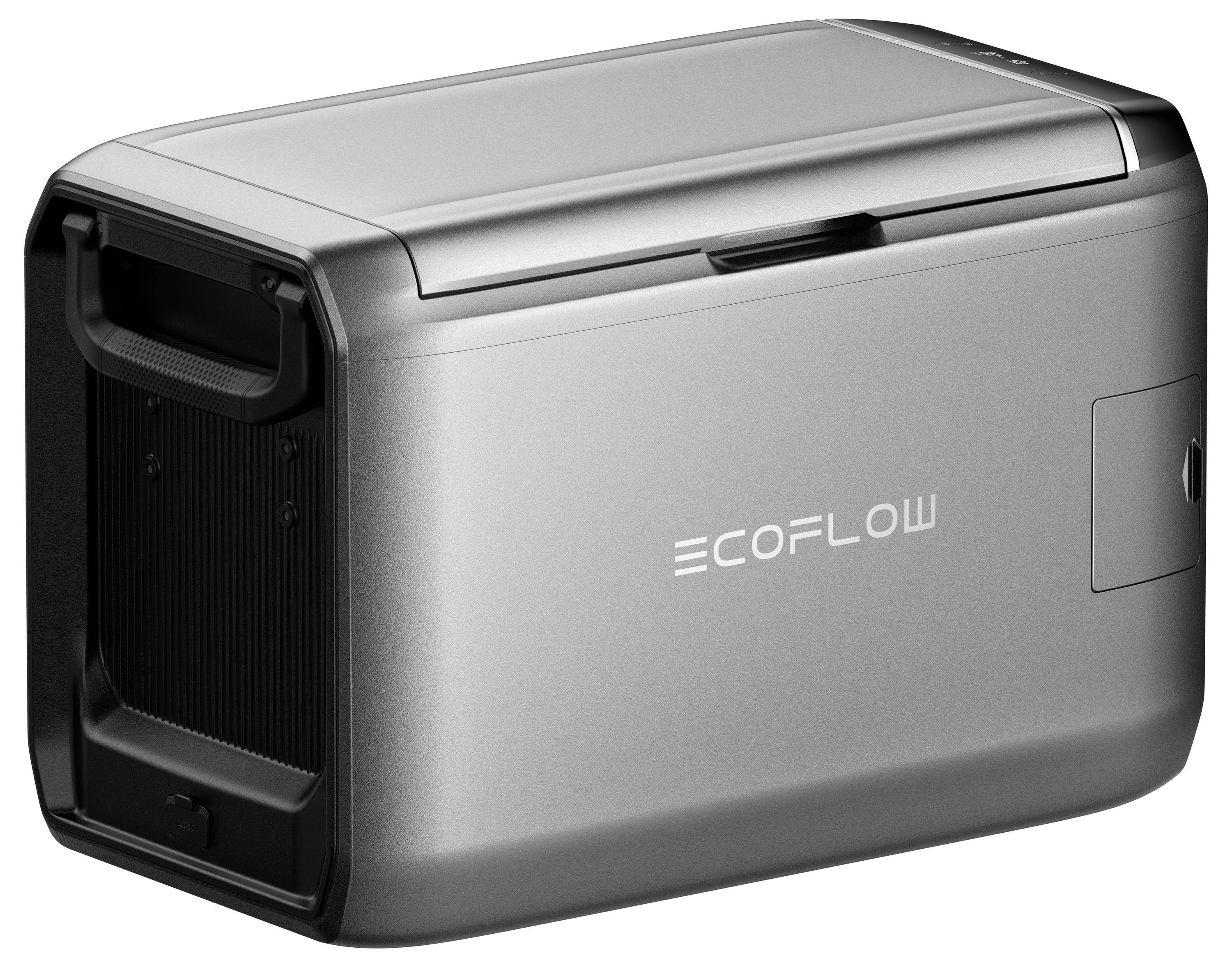 Tragbarer Kühlschrank in schlankem, metallischem Design mit einem Griff an der Seite. Der Markenname „ECOFLOW