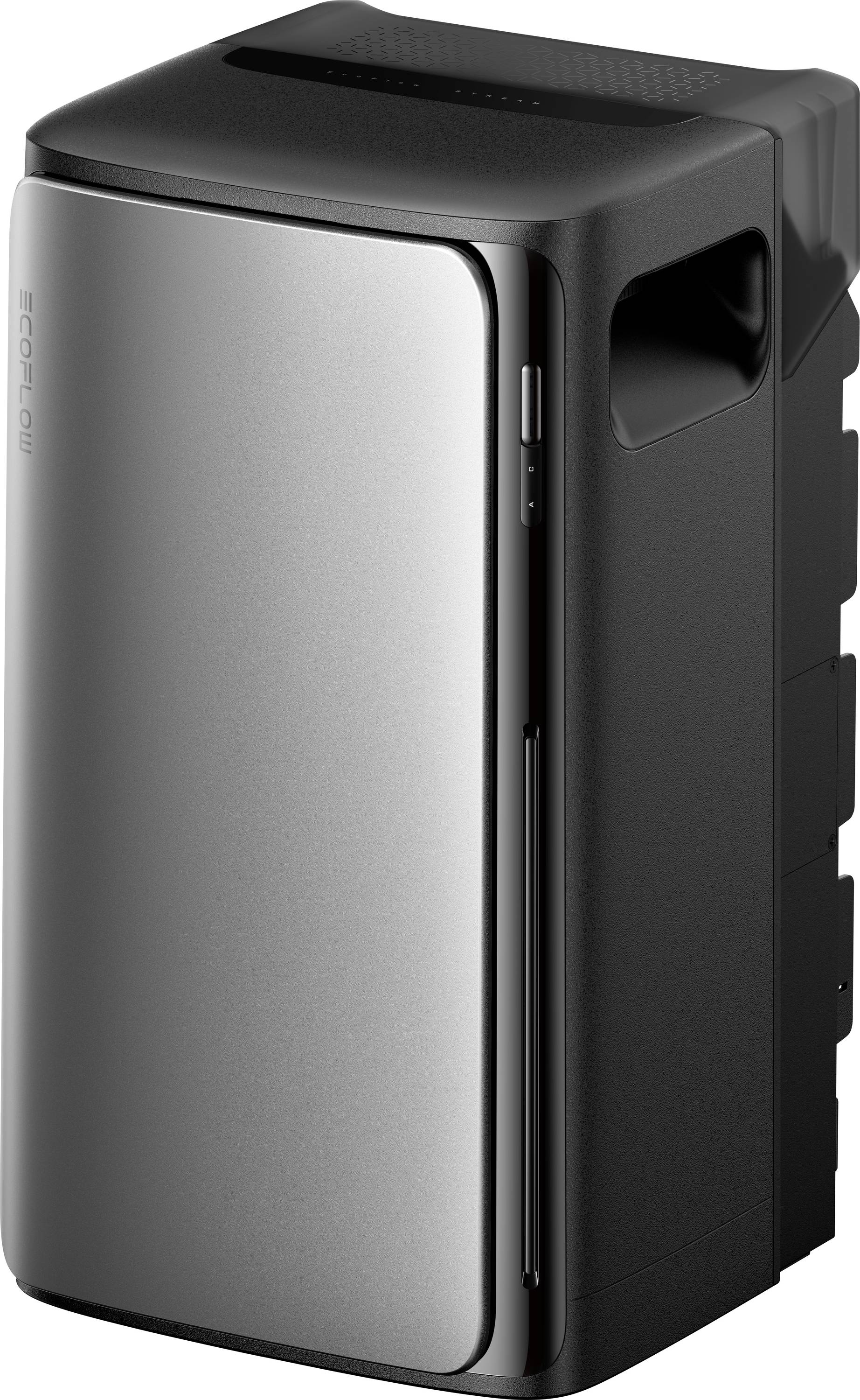 Eine schlanke, moderne tragbare Stromstation mit metallischer Vorderseite, schwarzen Seiten und integrierten Tragegriffen. Für die Außennutzung konzipiert.