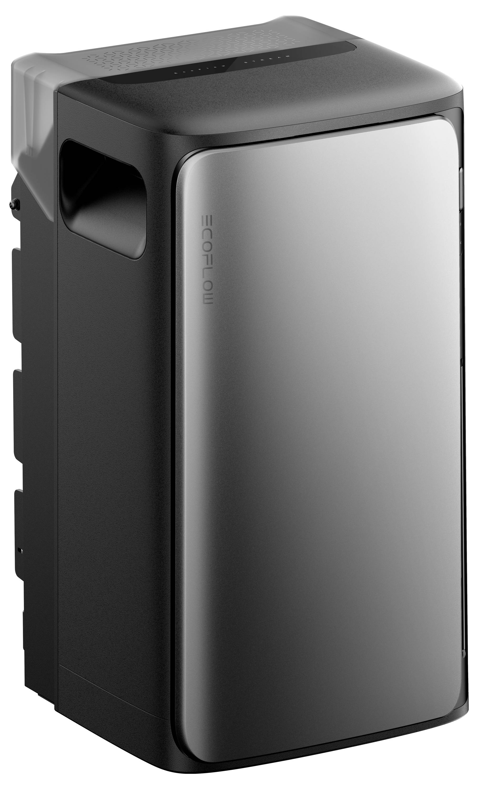 Eine schlanke, tragbare Stromstation in Schwarz und Silber mit modernem Design, mit einer gekrümmten Front und subtlem „EcoFlow