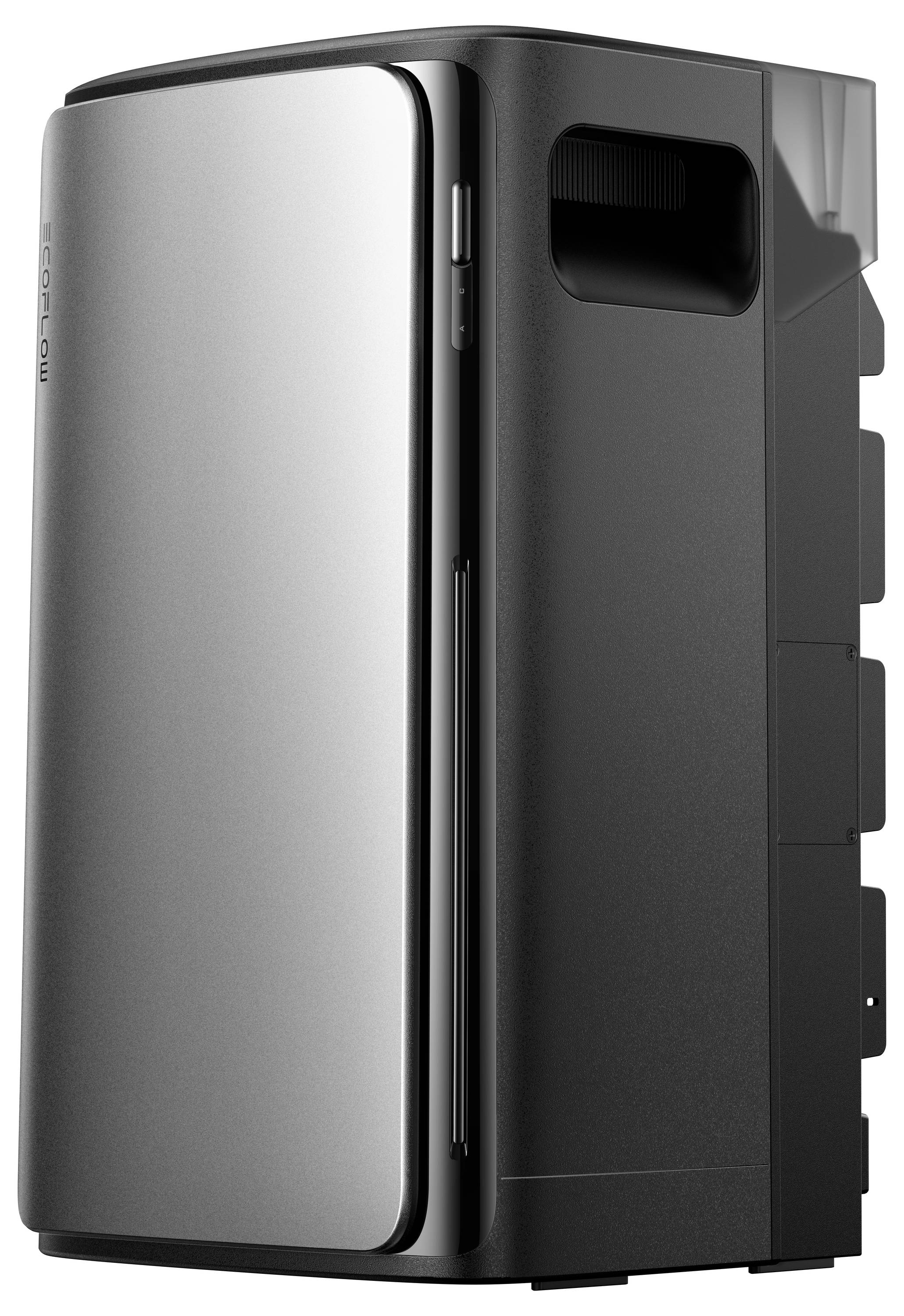 Schlanker schwarz-silberner elektronischer Geräteturm mit Lüftungsschlitzen und sichtbarem Bedienfeld an der Seite.