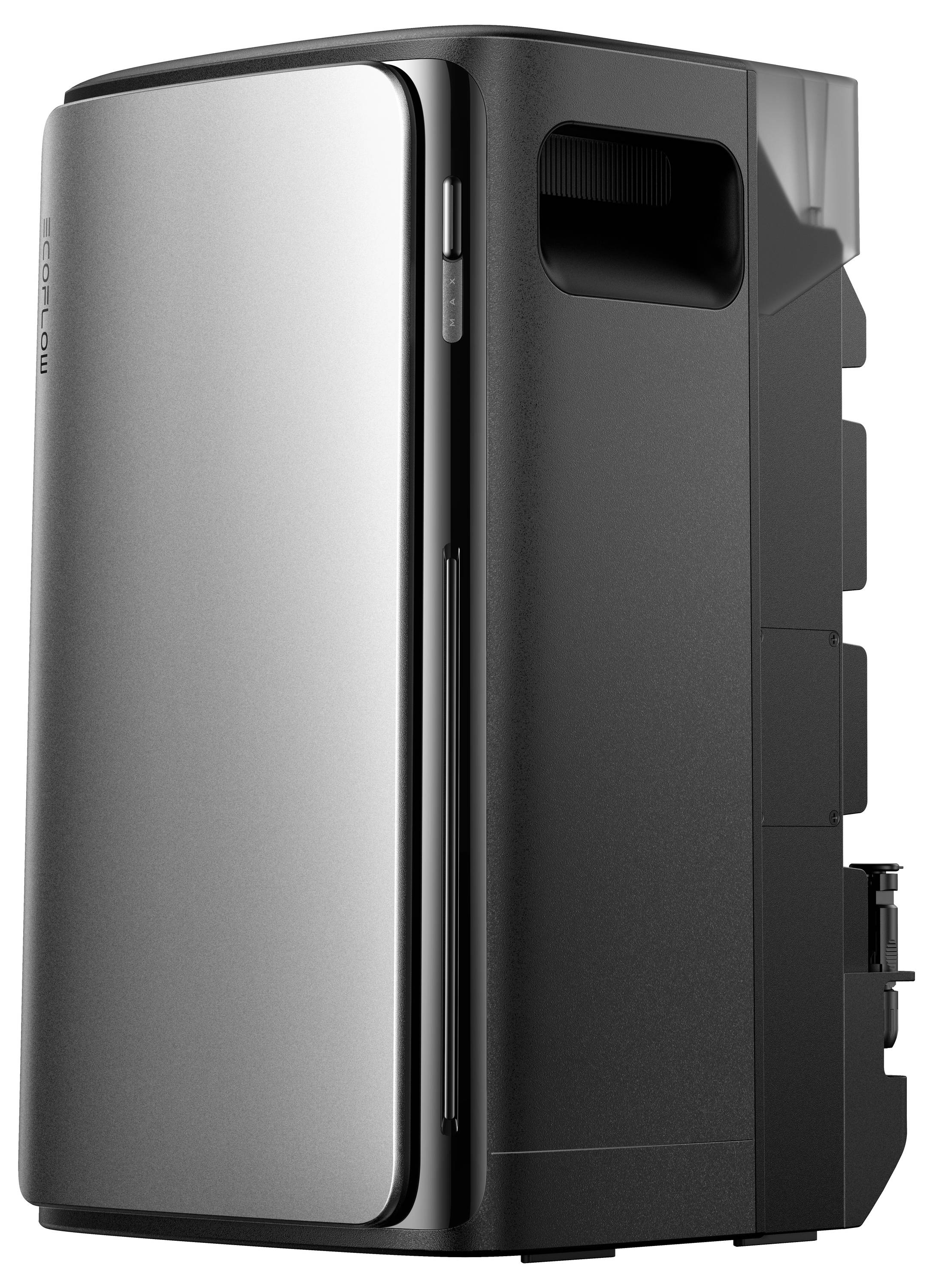 Eine weiße Powerbank mit einem blauen Stromsymbol und vier Anzeigelichtern, die den Ladezustand anzeigen.