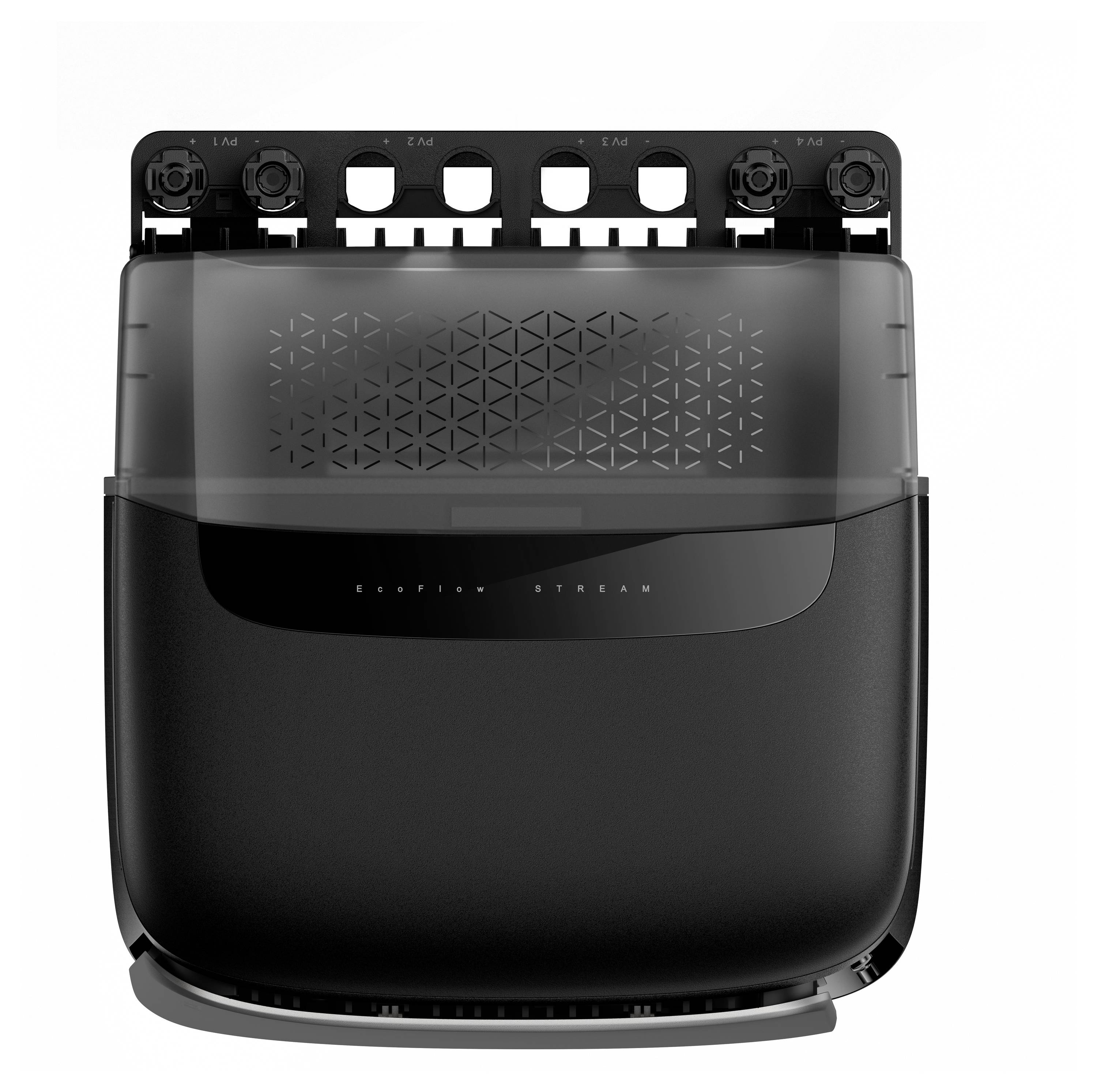 Ein schwarzer, moderner Router mit mehreren Anschlüssen auf der Oberseite und einem eleganten Design, gekennzeichnet mit 