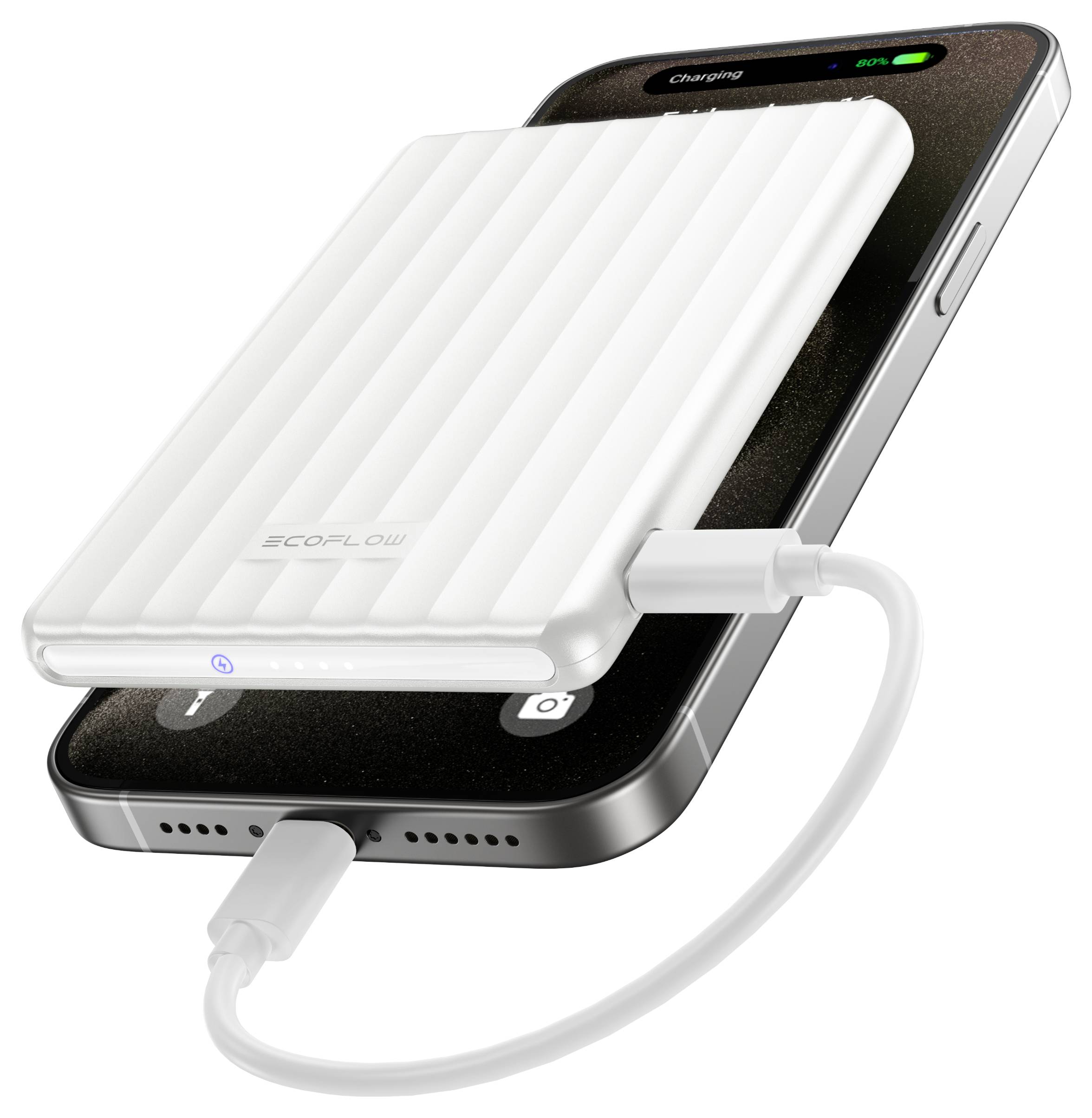 Eine tragbare Powerbank ist mit einem Smartphone verbunden und zeigt auf dem Telefonbildschirm eine Ladung von 90%. Die Powerbank ist mit „EcoFlow