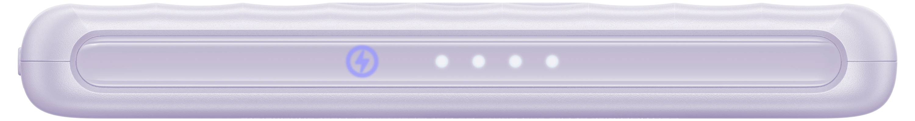 Eine tragbare violette Powerbank mit einem Blitzsymbol und vier weißen Anzeigelichtern oben, die den Ladestatus anzeigen.