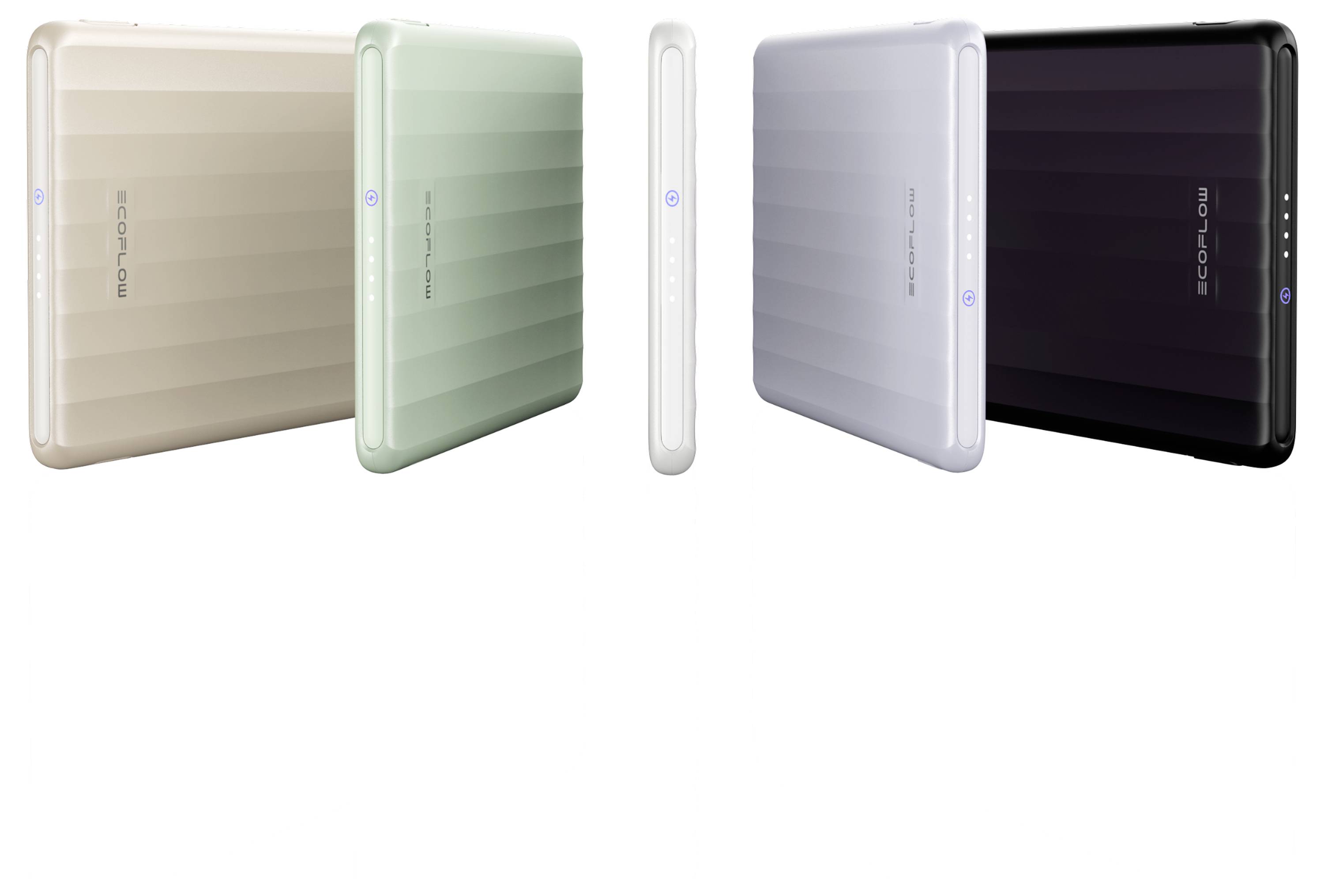 Fünf Smartphones in Gold, Grün, Weiß, Blau und Schwarz, die aus verschiedenen Winkeln präsentiert werden und die Farbvielfalt und das elegante Design unterstreichen.