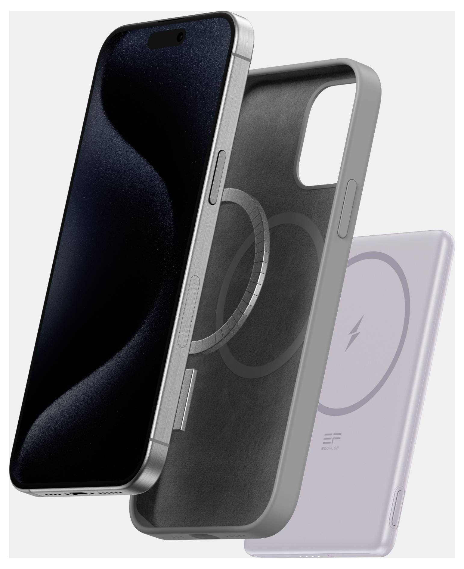 Zwei metallische Smartphones mit dunklen Bildschirmen, positioniert um ihr schlankes Design zu zeigen, neben einer eleganten Handyhülle und einer kabellosen Ladestation.