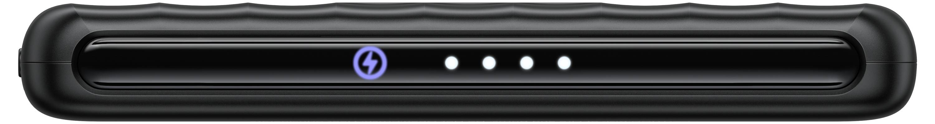 Eine schwarze tragbare Powerbank mit vier LED-Anzeigelichtern und einem blauen Ladesymbol.
