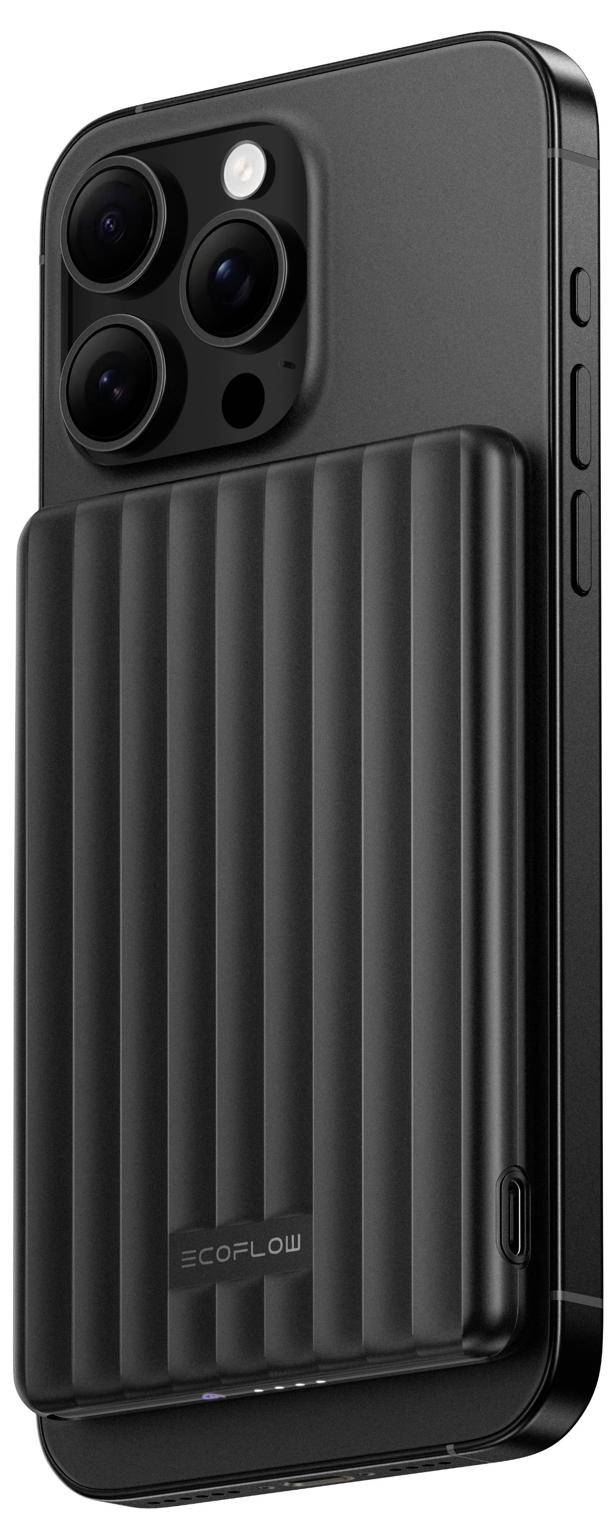Ein schwarzes Smartphone mit einer eleganten, gerillten Powerbank, die auf der Rückseite befestigt ist, mit Doppelkameras und einer Taste an der Seite.