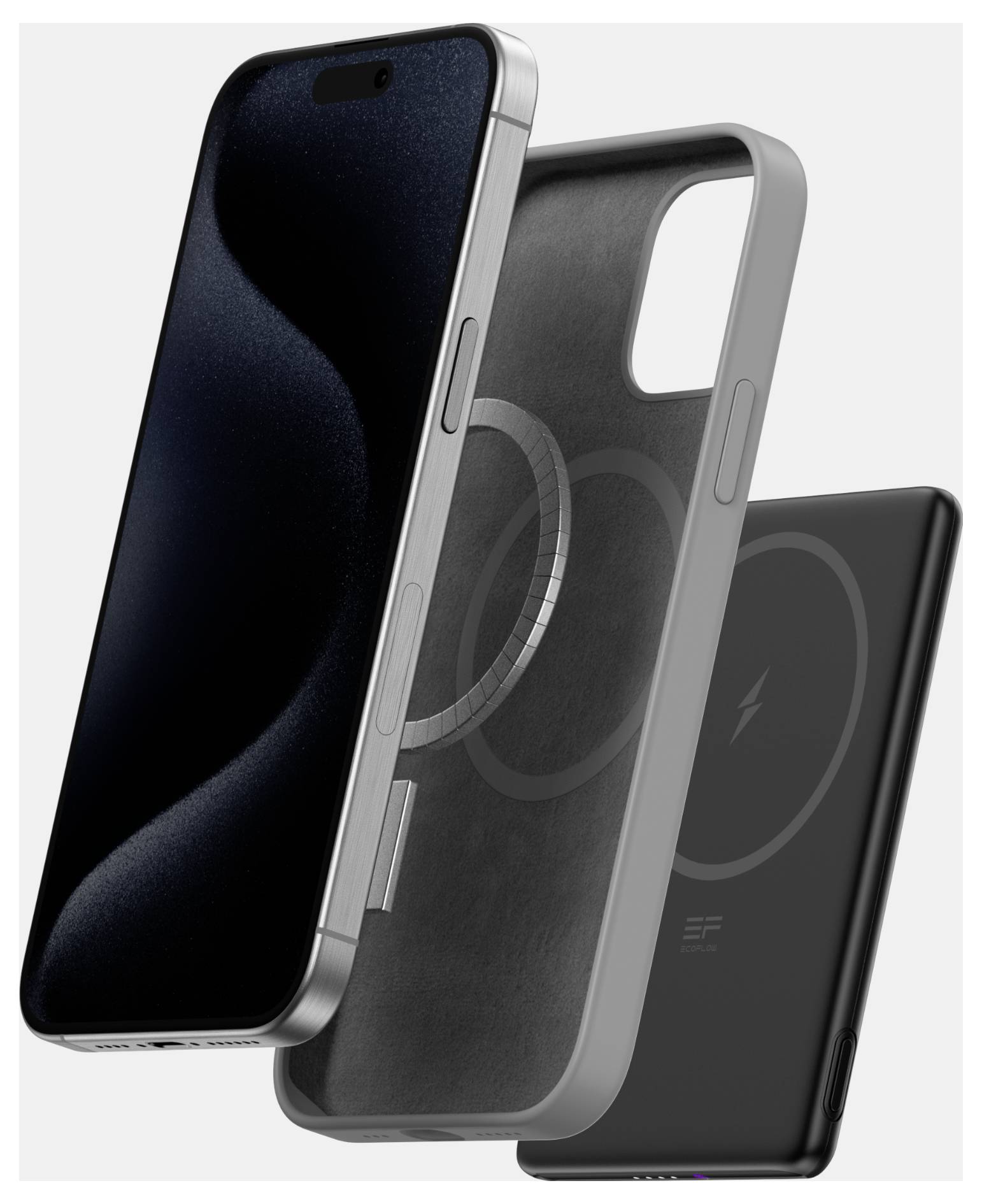 Ein Smartphone mit grauem Gehäuse und abgelöstem schwarzem Akku, das schlankes Design und magnetische Ladekompatibilität präsentiert.