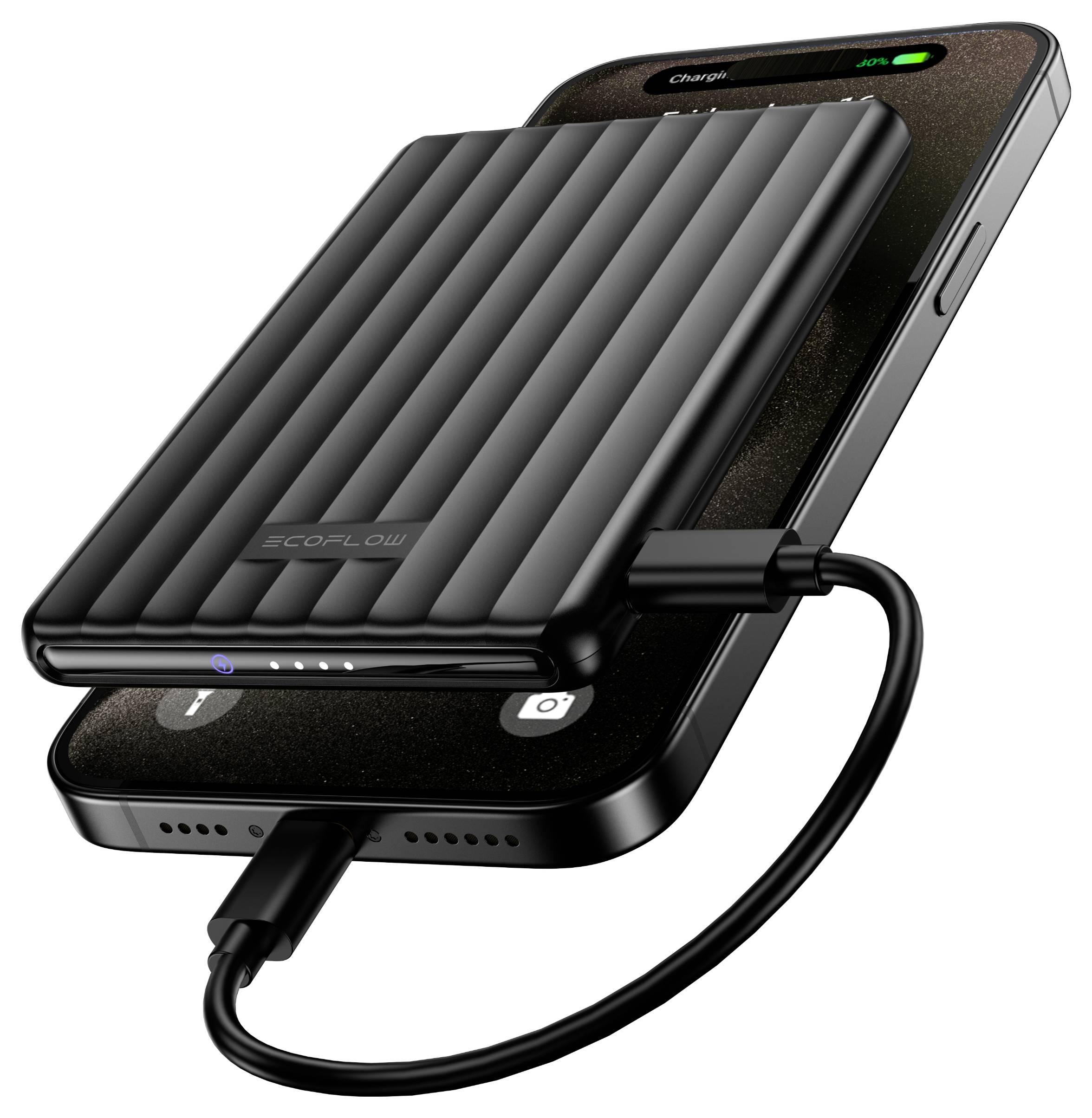 Ein tragbares Ladegerät, das mit einem Smartphone verbunden ist, mit einem grünen Batteriesymbol, das das Laden anzeigt.