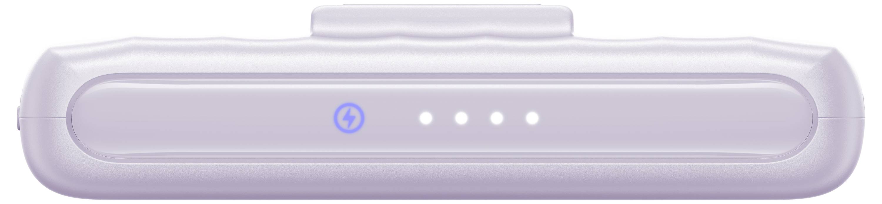 Ein tragbares Ladegerät in Lila mit einem Blitzsymbol und vier Punkten, die die Batterieladung auf der Vorderseite anzeigen.