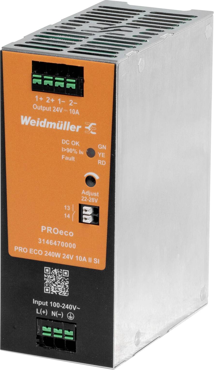 Industrielles Stromversorgungsmodul, orange und grau, mit der Bezeichnung „Weidmüller PROeco