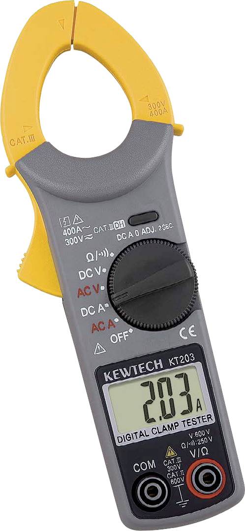Ein digitales Stromzangenmessgerät mit grauem Gehäuse, orangefarbenen Backen und einem Display, das „20,3