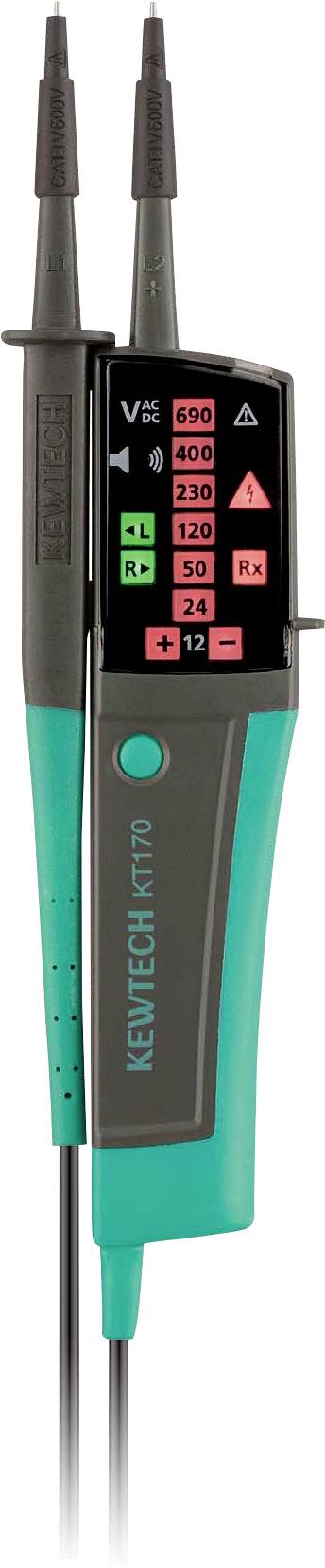 Spannungsprüfer mit zwei Messspitzen und LCD-Display, das verschiedene Spannungsstufen anzeigt (690, 400, 230, 120, 50, 24) und LEDs für AC/DC-Status.