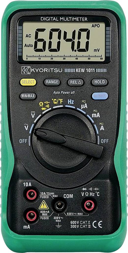 Digitales Multimeter mit großem Display, das 6040 anzeigt, umgeben von verschiedenen Messfunktionen und Verbindungsanschlüssen.