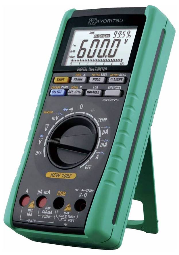 Kyoritsu Digital-Multimeter mit einer Anzeige von -6000,0 mV auf dem Display, verschiedenen Steuertasten und einem grünen Schutzgehäuse.