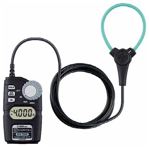 A flexible clamp meter with a digital display showing '4.000 A', used for measuring electrical current. It features a round blue loop sensor.