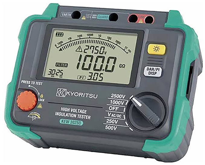 Digitales Isolationsprüfgerät zeigt einen Messwert von 100,0 GΩ an. Zeigt Testspannungen an: 250V, 500V, 1000V, 2500V. Grau- und grünes Gehäuse.