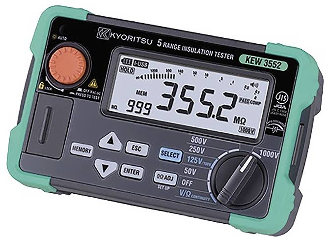 „Kyoritsu KEW 3552 Isolationsprüfer mit digitaler Anzeige, die 355,2 MΩ anzeigt. Ausgestattet mit Testbereichs-Wahlschalter, Schaltflächen für Einstellungen und Speicherfunktion.