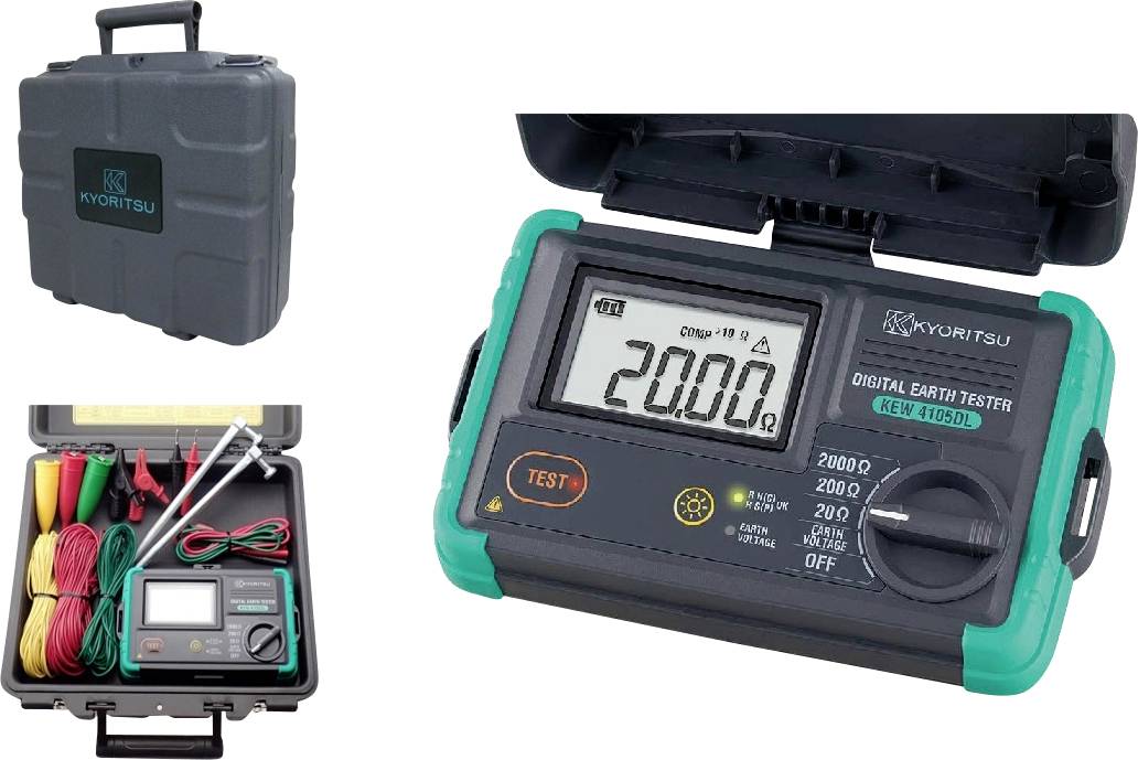 Digitales Erdungsprüfgerät mit Display zur Messwertanzeige, Prüftaste und Kabeln. Inklusive Schutzkoffer mit Griff.