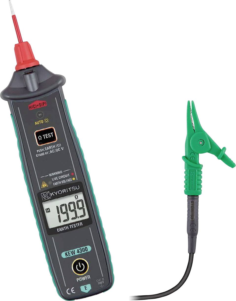 Ein digitales Erdungsprüfgerät mit einer Messspitze und Krokodilklammer. Das Display zeigt „199,9