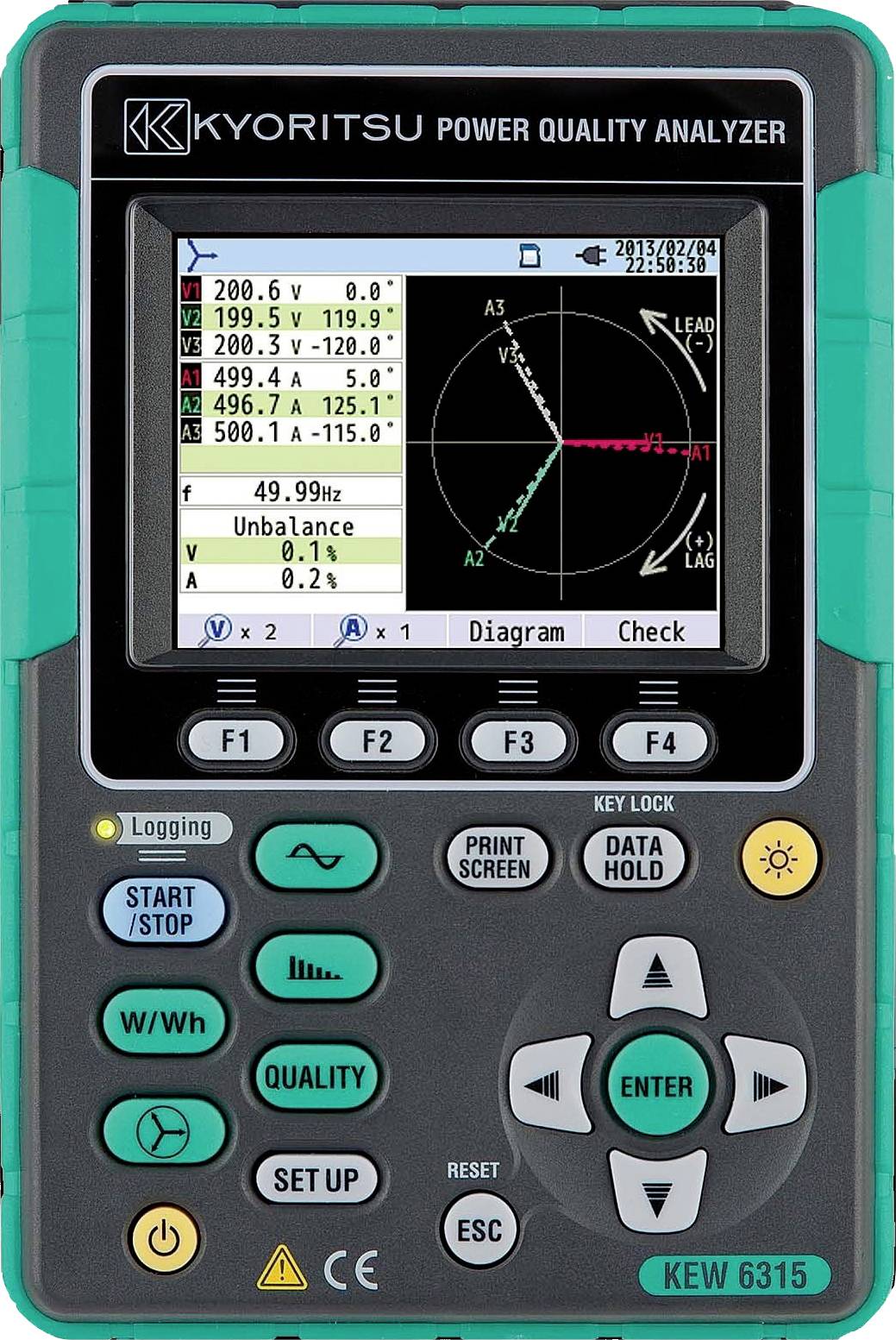Kyoritsu KEW 6315 Stromqualität-Analyzer mit Display, das ein Diagramm und Messwerte anzeigt. Mit Tasten und farbigem Bildschirm ausgestattet.