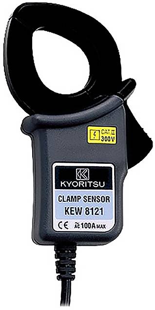 Ein Kyoritsu KEW 8121 Zangenmessgerät für elektrische Messungen, ausgestattet mit einer schwarzen Zange mit gelben CAT.300V-Etikett und maximaler Stromstärke von 100A.