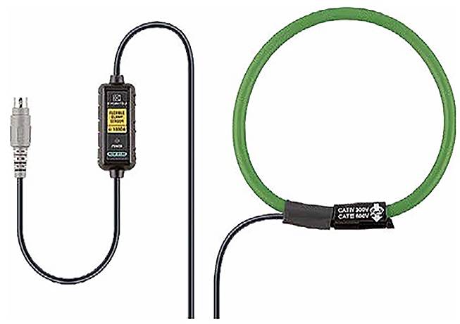 Eine grüne Elektroklemme und ein schwarzes Strommessgerät, die durch ein Kabel verbunden sind, zur Messung des Stroms in Drähten, beschriftet mit „CAT IV 600V