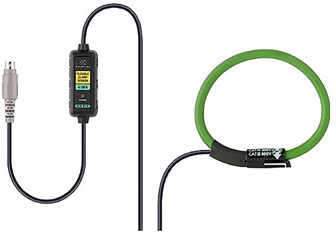 Eine flexible grüne Strommeßschleife, die an eine schwarze digitale Anzeigeeinheit mit Strommessungsoptionen und einem Verbindungskabel angebracht ist.